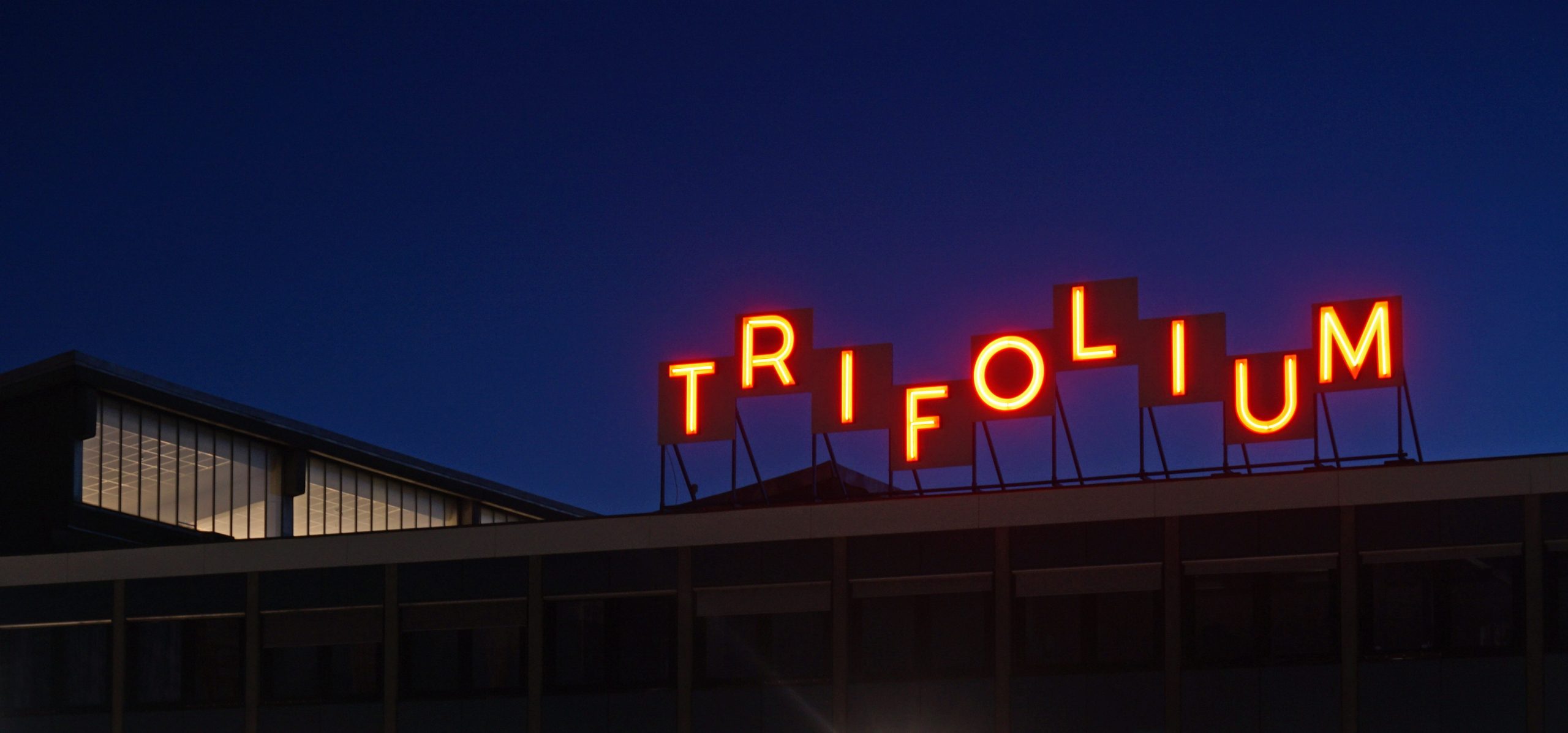 Night view of lit neon roof sign.